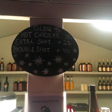 Glogg stand: $45 DKK for glogg, $95 DKK for glogg with 2 shots rum